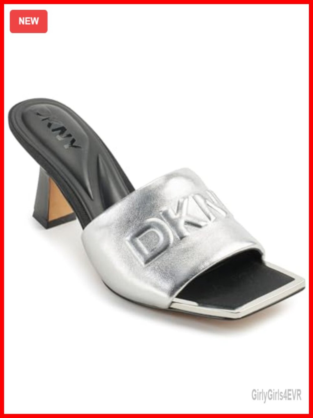 DKNY Square Toe Heeled Sandal Mule with Logo Slip On Stiletto